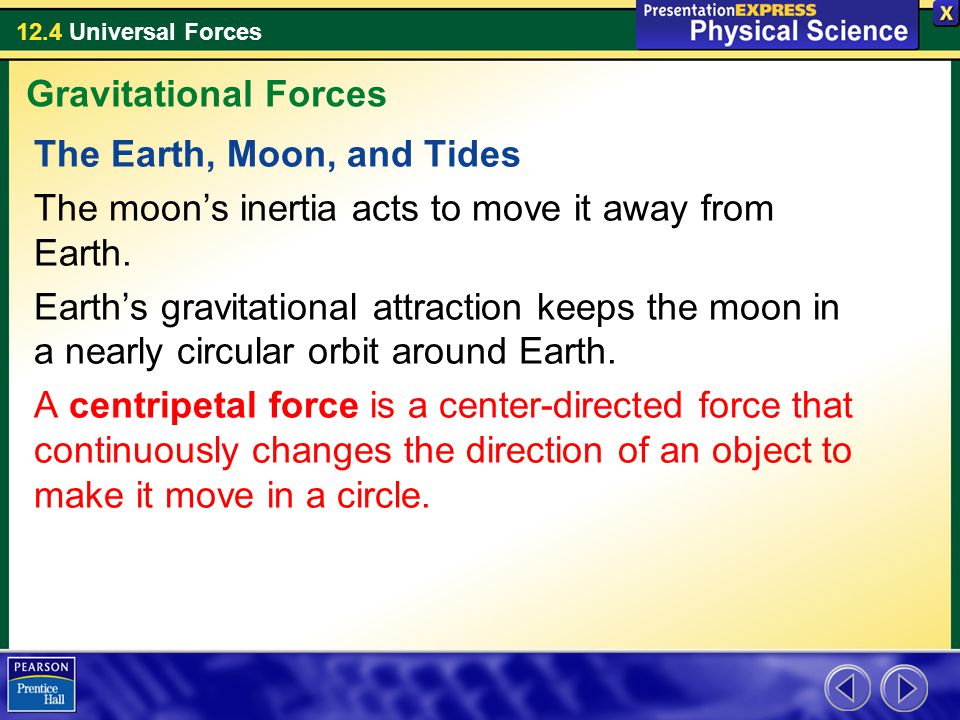 Gravitational Forces The Earth, Moon, and Tides. The moon’s inertia acts to move it away from Earth.