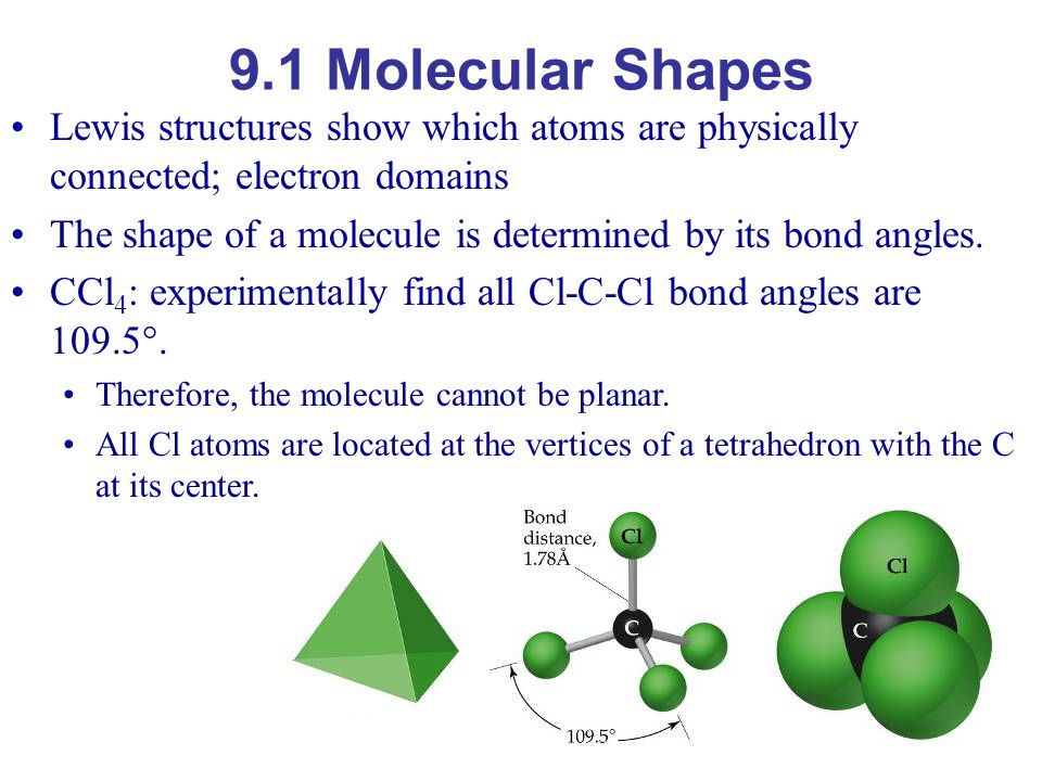 9.1 Molecular Shapes Lewis structures show which atoms are physically connected; electron domains.