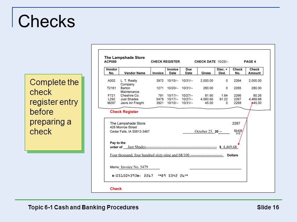 Checks Complete the check register entry before preparing a check