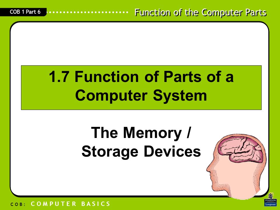 1.7 Function of Parts of a Computer System The Memory / Storage Devices