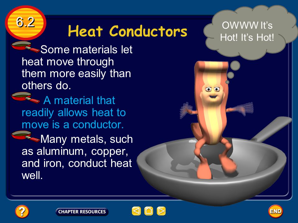 OWWW It’s Hot! It’s Hot! 6.2. Heat Conductors. Some materials let heat move through them more easily than others do.