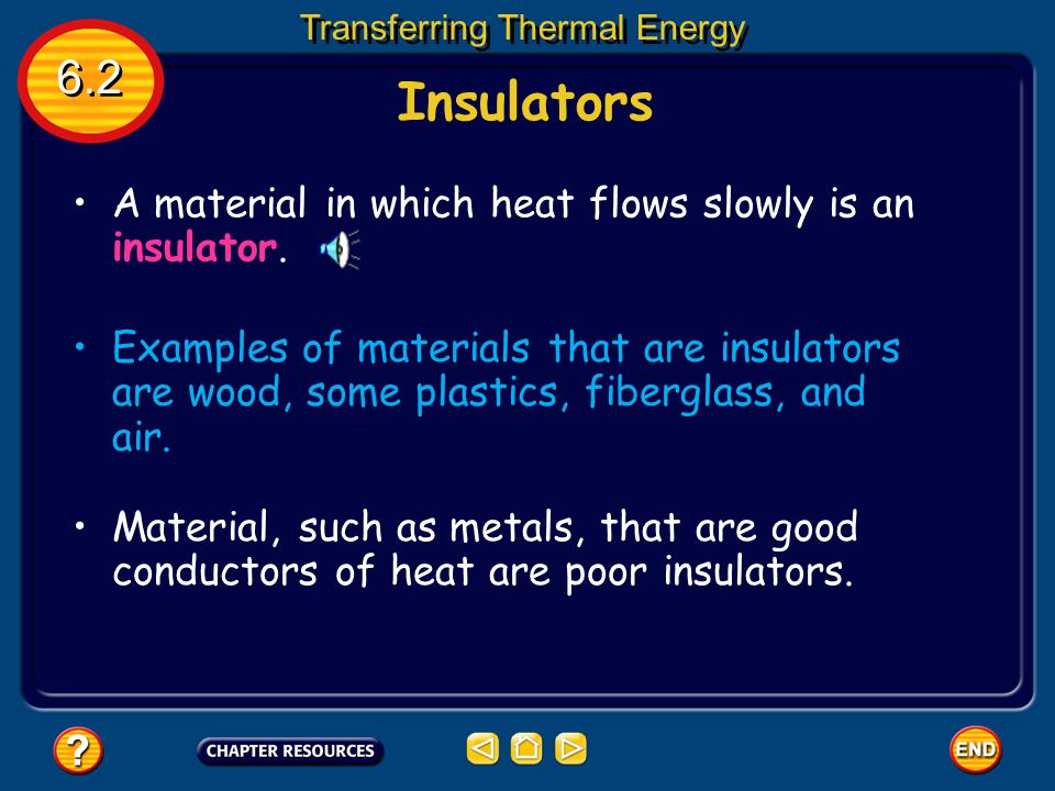 Insulators 6.2 A material in which heat flows slowly is an insulator.