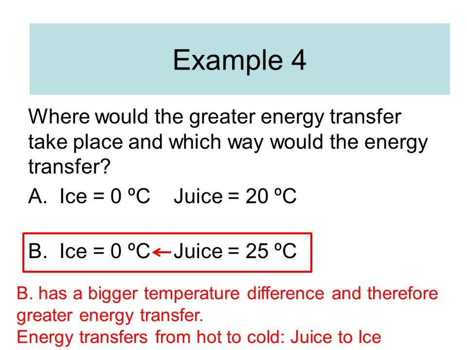Example 4 Where would the greater energy transfer take place and which way would the energy transfer
