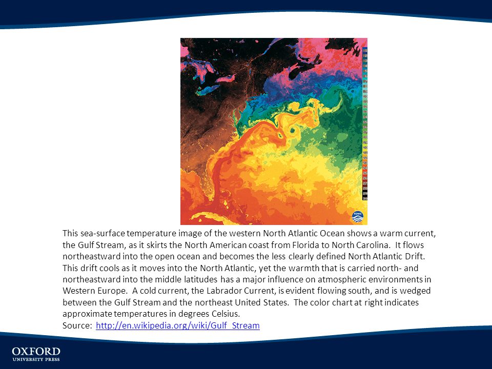 This sea-surface temperature image of the western North Atlantic Ocean shows a warm current, the Gulf Stream, as it skirts the North American coast from Florida to North Carolina. It flows northeastward into the open ocean and becomes the less clearly defined North Atlantic Drift. This drift cools as it moves into the North Atlantic, yet the warmth that is carried north- and northeastward into the middle latitudes has a major influence on atmospheric environments in Western Europe. A cold current, the Labrador Current, is evident flowing south, and is wedged between the Gulf Stream and the northeast United States. The color chart at right indicates approximate temperatures in degrees Celsius.