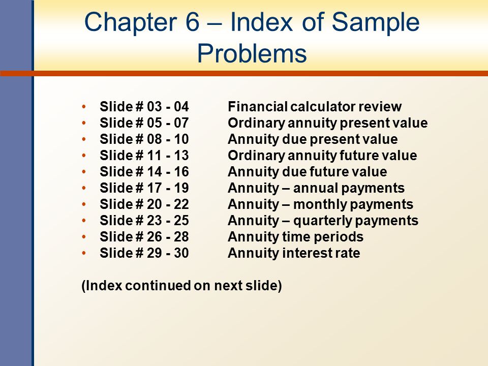 Chapter 6 – Index of Sample Problems