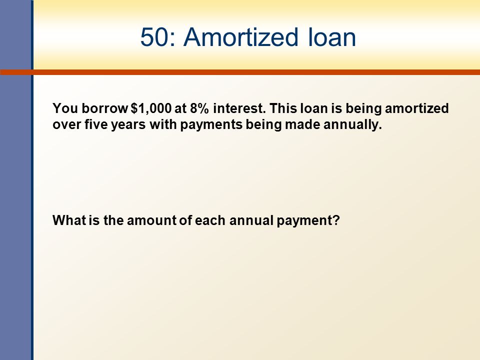 50: Amortized loan You borrow $1,000 at 8% interest. This loan is being amortized over five years with payments being made annually.