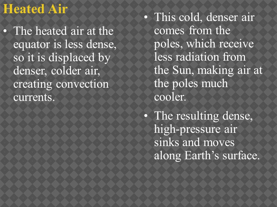 Heated Air This cold, denser air comes from the poles, which receive less radiation from the Sun, making air at the poles much cooler.