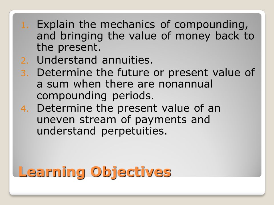 Explain the mechanics of compounding, and bringing the value of money back to the present.
