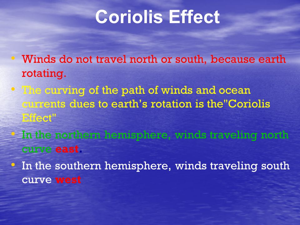 Coriolis Effect Winds do not travel north or south, because earth rotating.