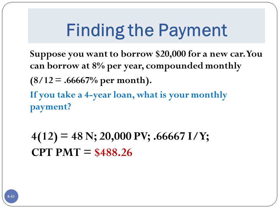Finding the Payment 4(12) = 48 N; 20,000 PV; I/Y;
