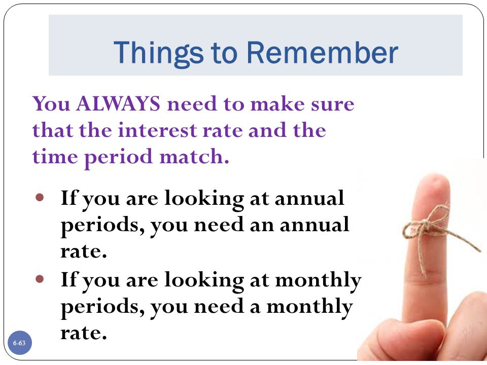 Things to Remember You ALWAYS need to make sure that the interest rate and the time period match.