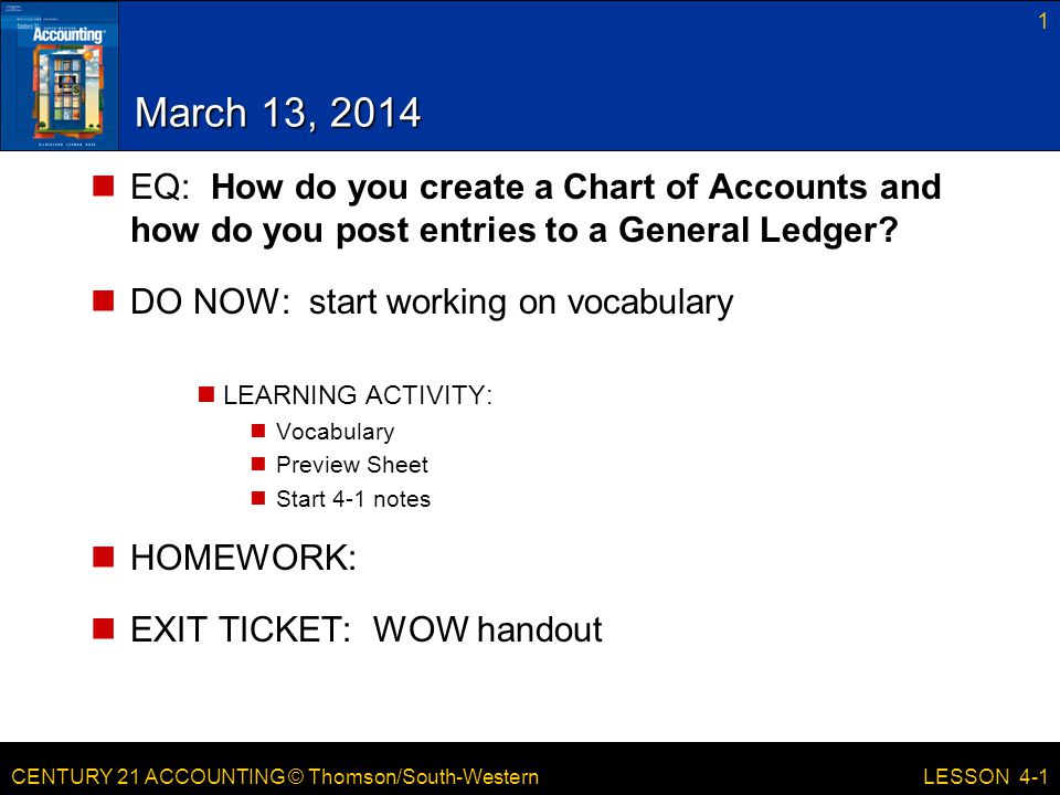 March 13, 2014 EQ: How do you create a Chart of Accounts and how do you post entries to a General Ledger
