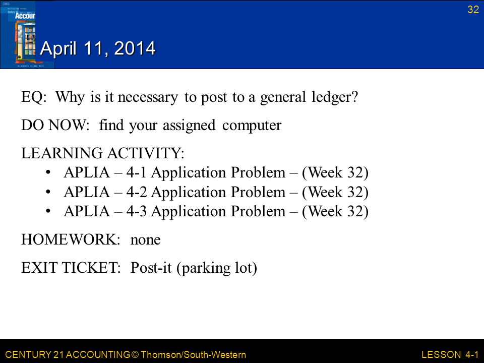 April 11, 2014 EQ: Why is it necessary to post to a general ledger