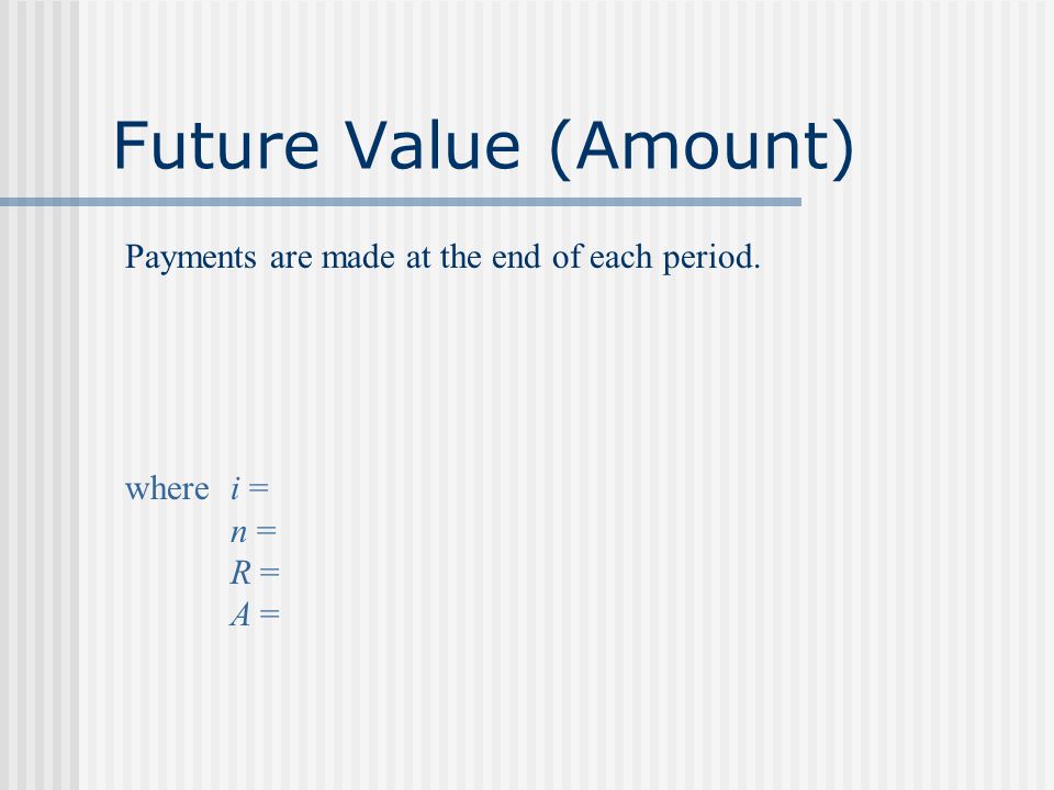 Future Value (Amount) Payments are made at the end of each period.