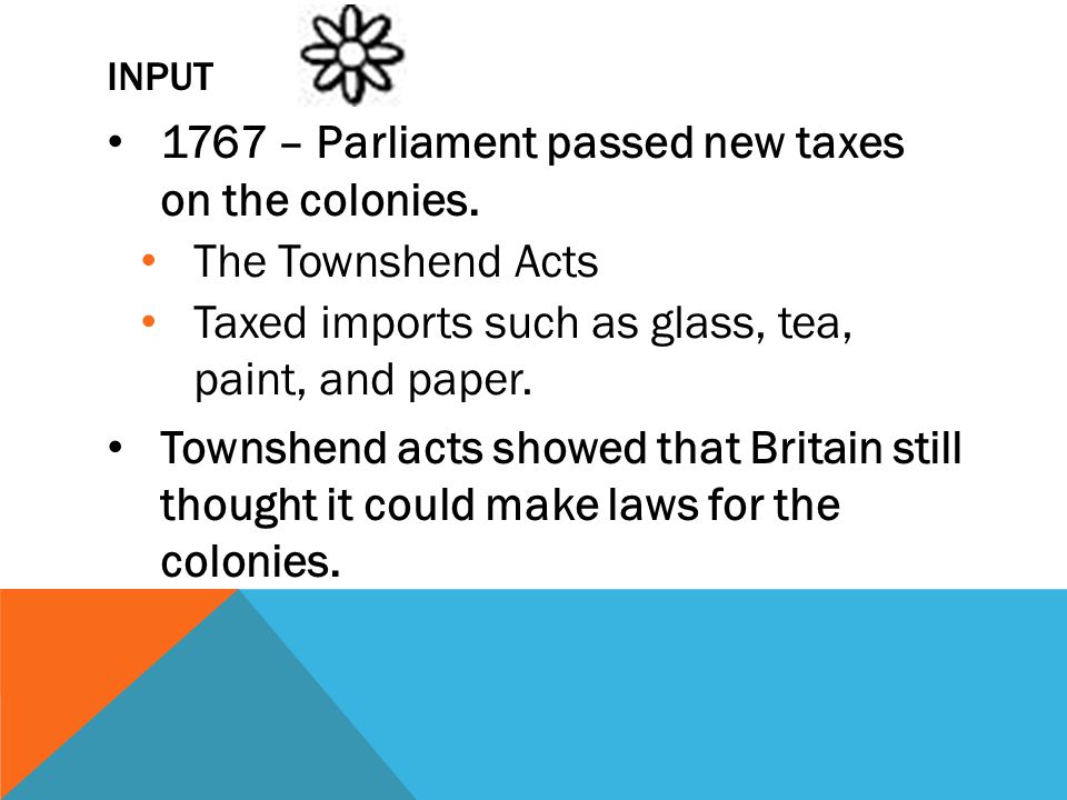 1767 – Parliament passed new taxes on the colonies. The Townshend Acts