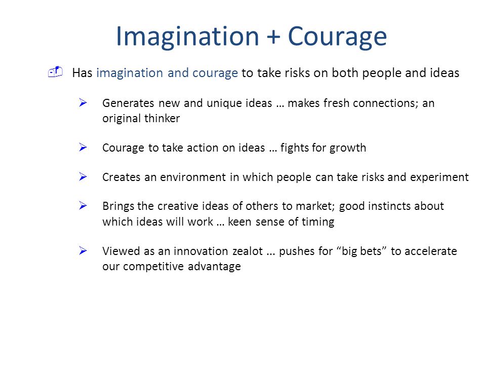 Imagination + Courage Has imagination and courage to take risks on both people and ideas.