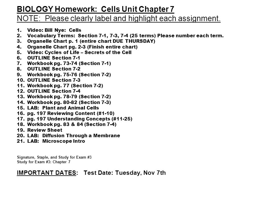 BIOLOGY Homework: Cells Unit Chapter 7