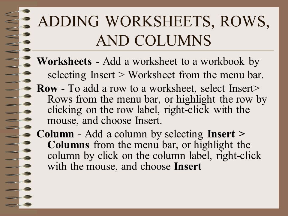 ADDING WORKSHEETS, ROWS, AND COLUMNS