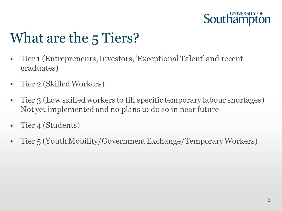 What are the 5 Tiers Tier 1 (Entrepreneurs, Investors, ‘Exceptional Talent’ and recent graduates)