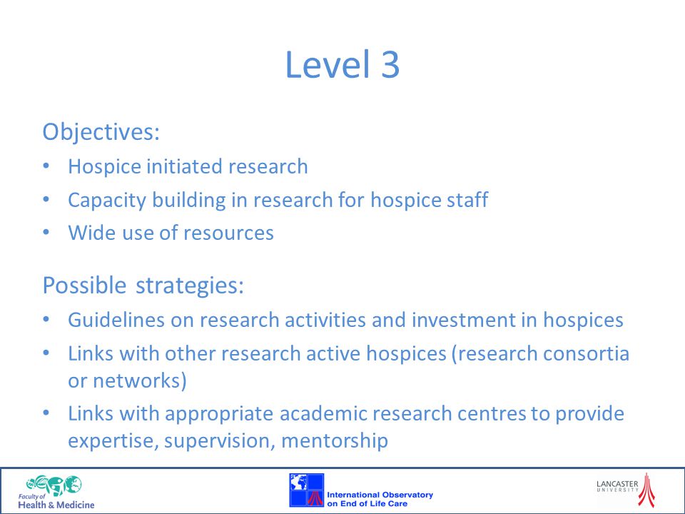 Level 3 Objectives: Possible strategies: Hospice initiated research