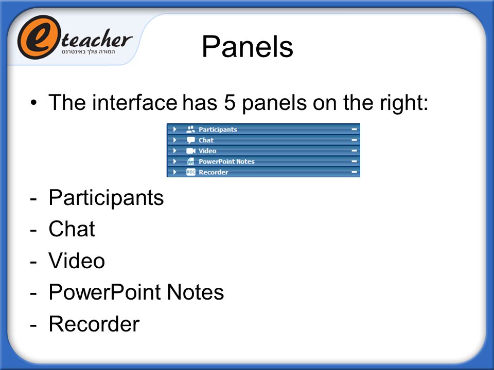 Panels The interface has 5 panels on the right: Participants Chat