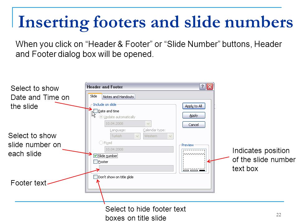 Inserting footers and slide numbers