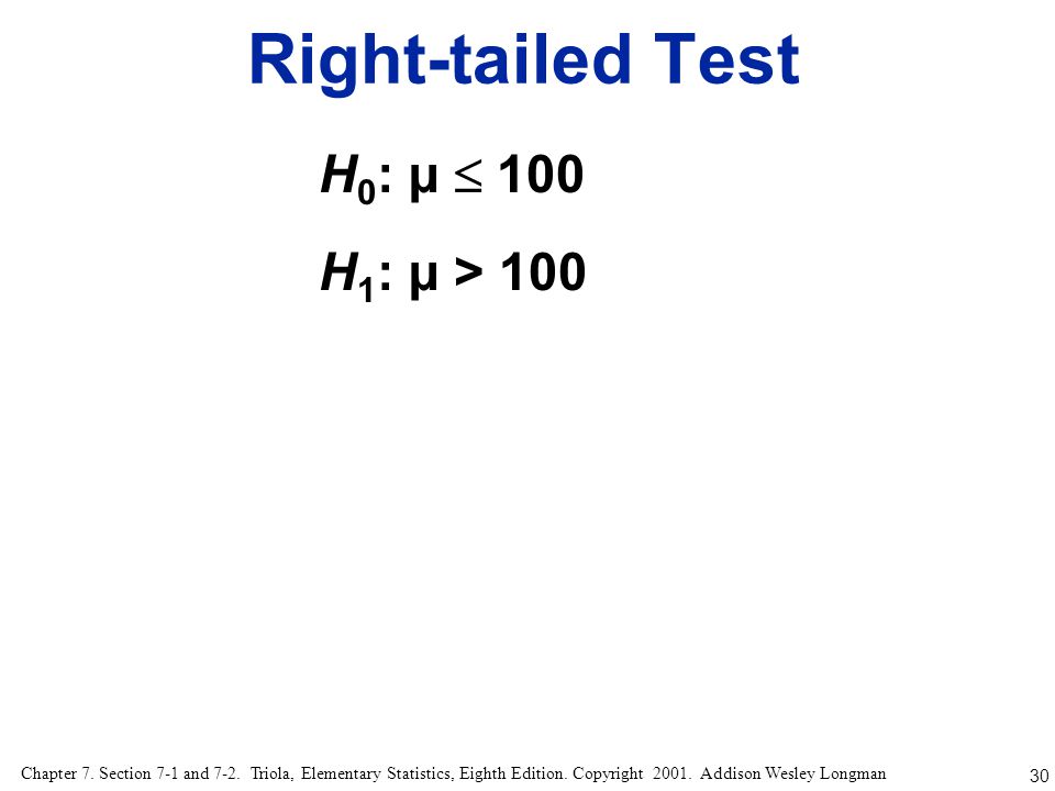 Right-tailed Test H0: µ  100 H1: µ > 100