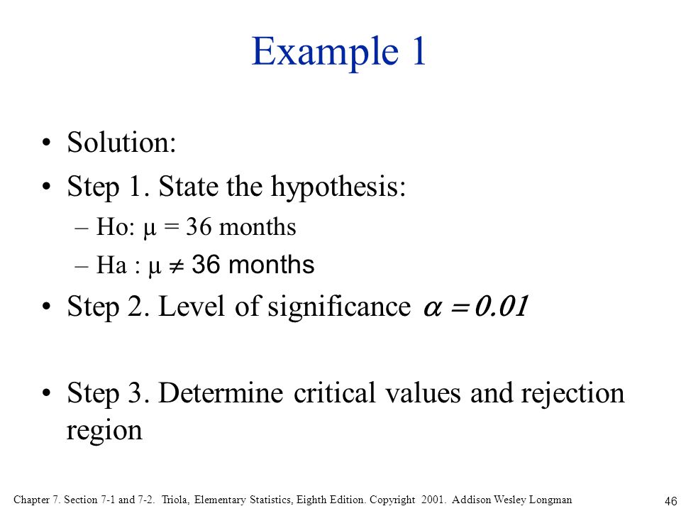 Example 1 Solution: Step 1. State the hypothesis: