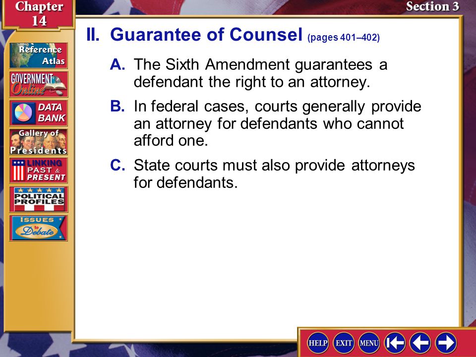 II. Guarantee of Counsel (pages 401–402)