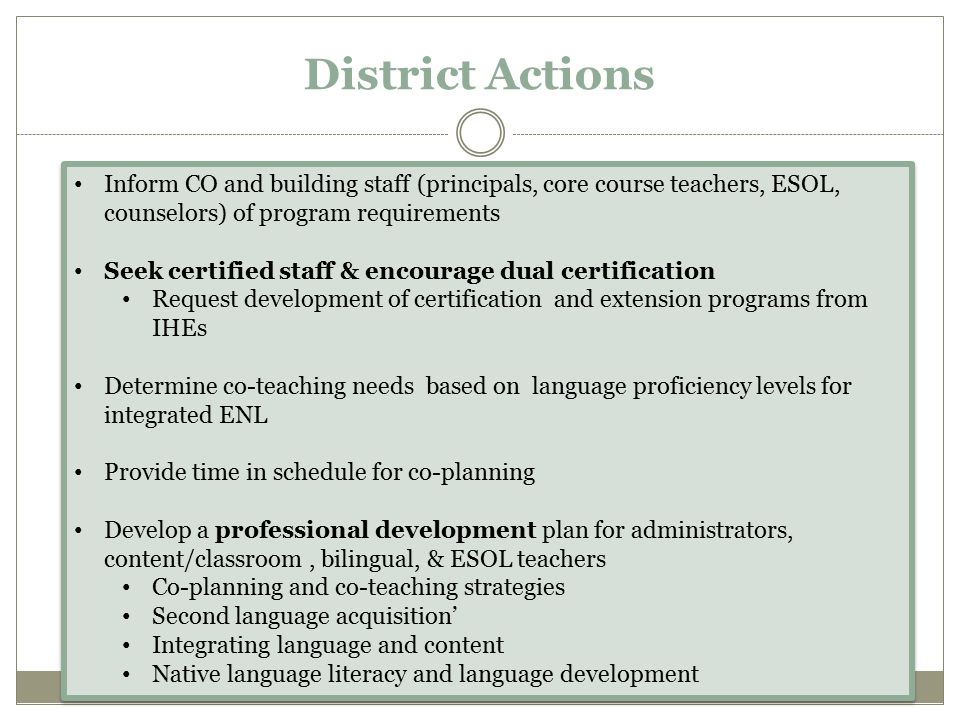 District Actions Inform CO and building staff (principals, core course teachers, ESOL, counselors) of program requirements.