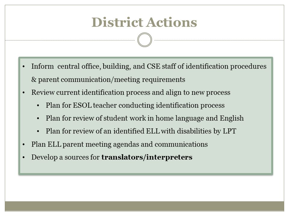 District Actions Inform central office, building, and CSE staff of identification procedures & parent communication/meeting requirements.