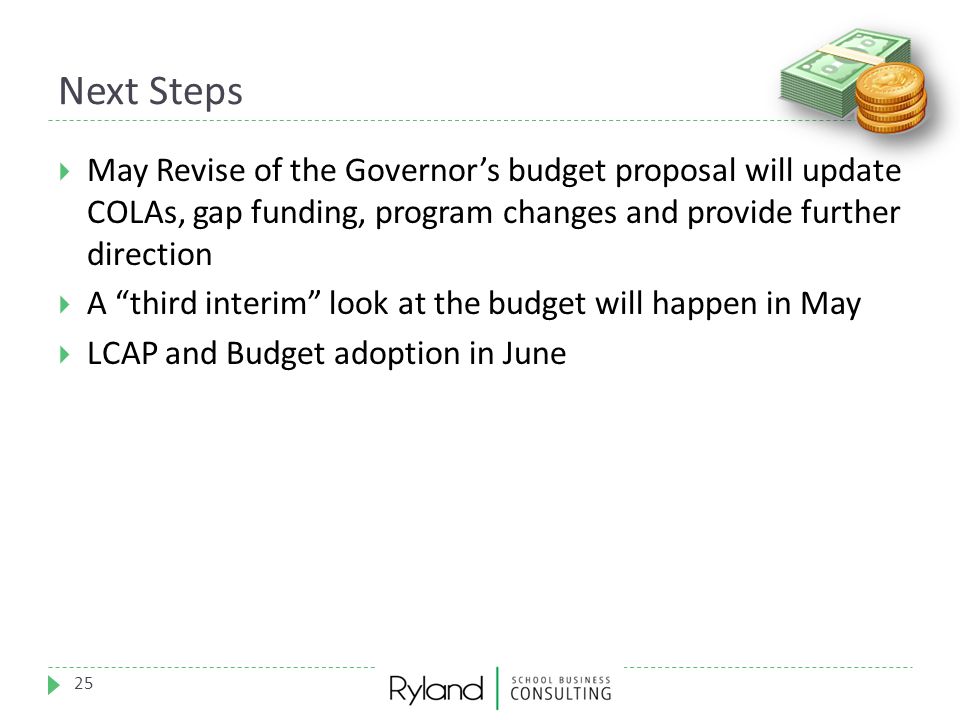 Next Steps May Revise of the Governor’s budget proposal will update COLAs, gap funding, program changes and provide further direction.