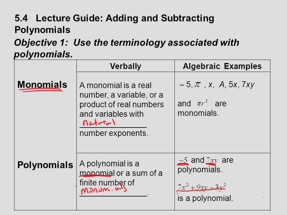 5.4 Lecture Guide: Adding and Subtracting Polynomials