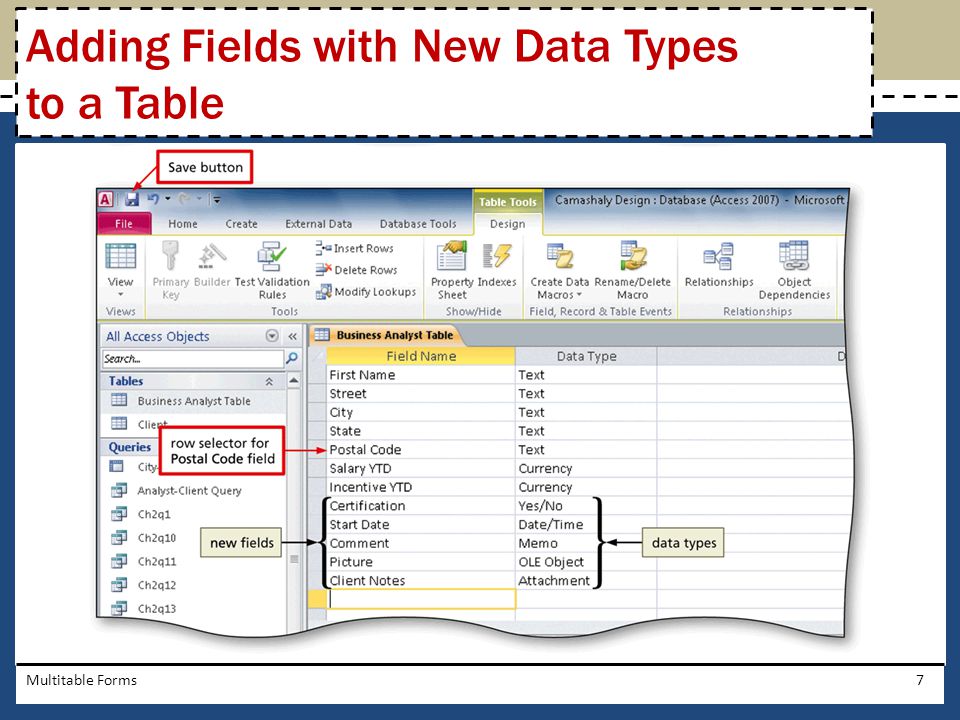 Adding Fields with New Data Types to a Table