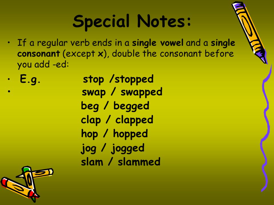 Special Notes: swap / swapped beg / begged clap / clapped hop / hopped