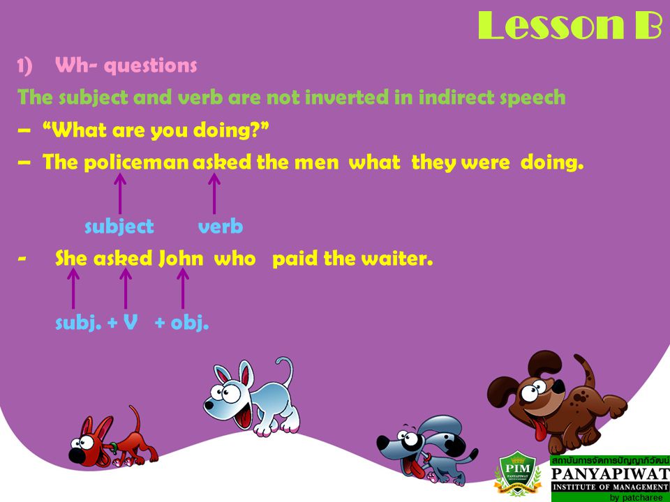 Lesson B Wh- questions. The subject and verb are not inverted in indirect speech. – What are you doing