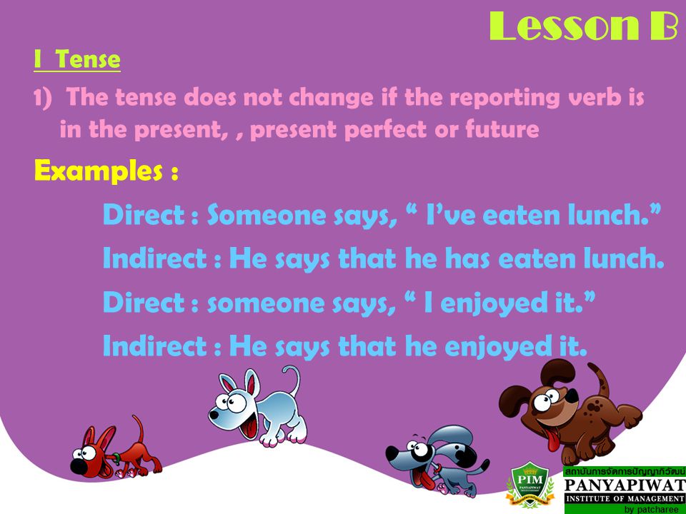 Lesson B Examples : Direct : Someone says, I’ve eaten lunch.