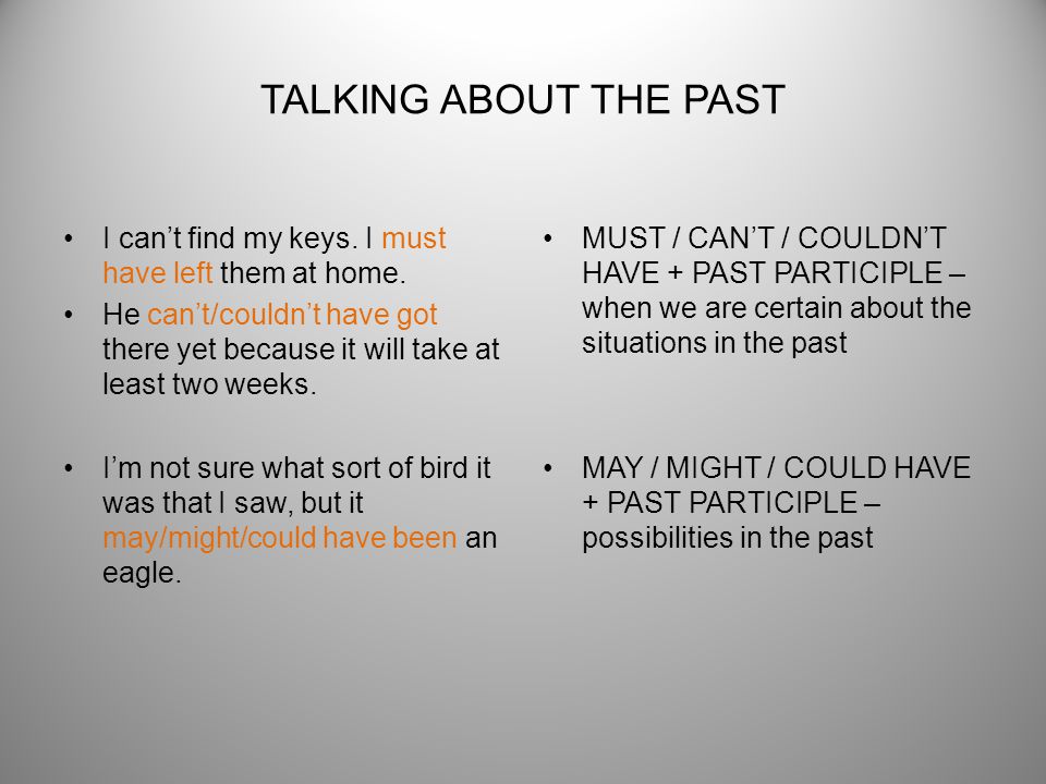 TALKING ABOUT THE PAST I can’t find my keys. I must have left them at home.
