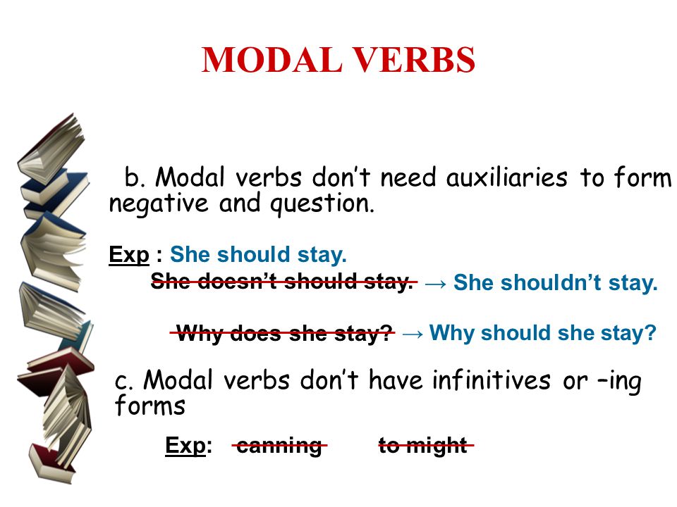 MODAL VERBS b. Modal verbs don’t need auxiliaries to form negative and question. Exp : She should stay.