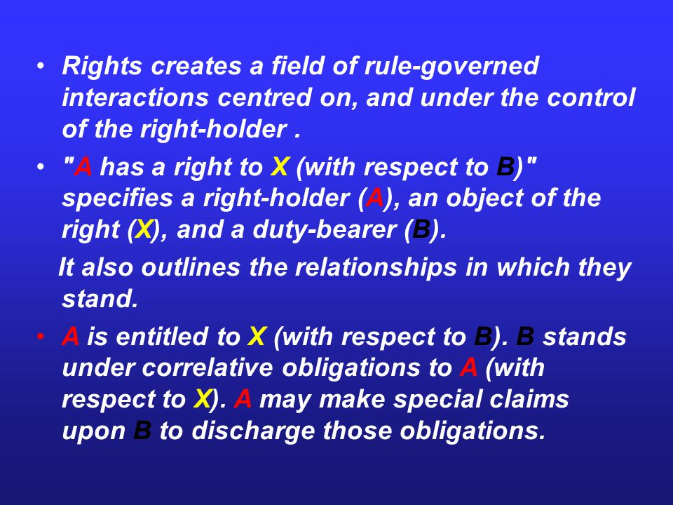 Rights creates a field of rule-governed interactions centred on, and under the control of the right-holder .