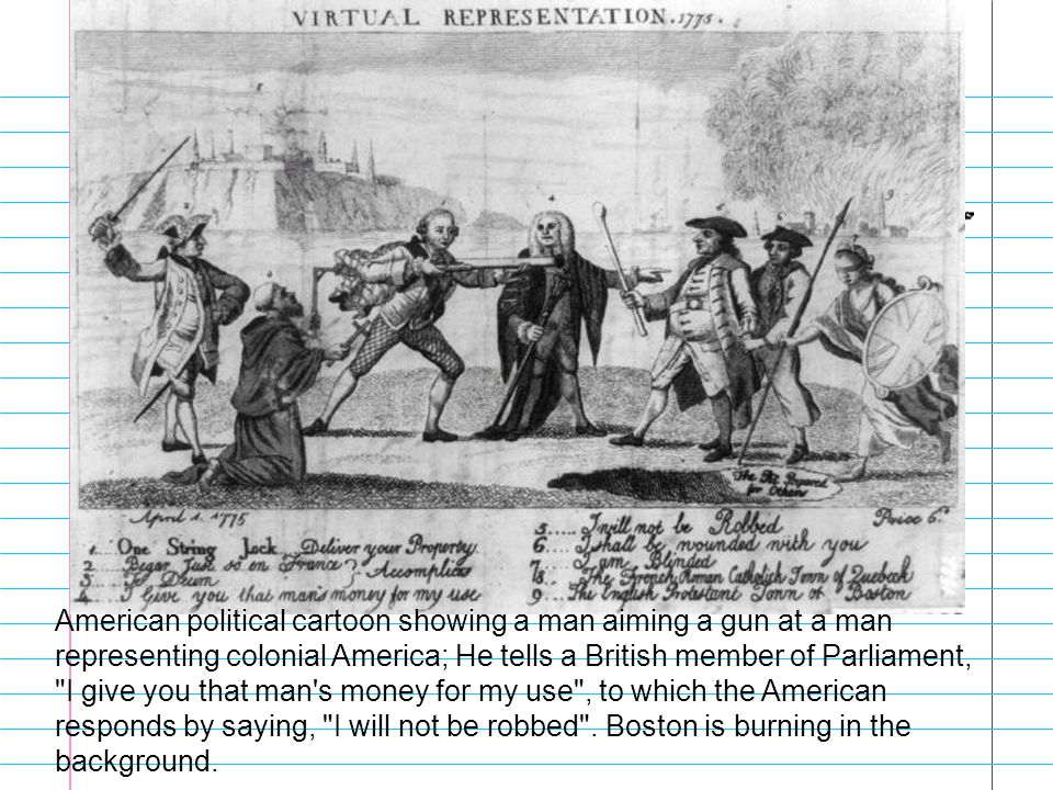 American political cartoon showing a man aiming a gun at a man representing colonial America; He tells a British member of Parliament, I give you that man s money for my use , to which the American responds by saying, I will not be robbed .