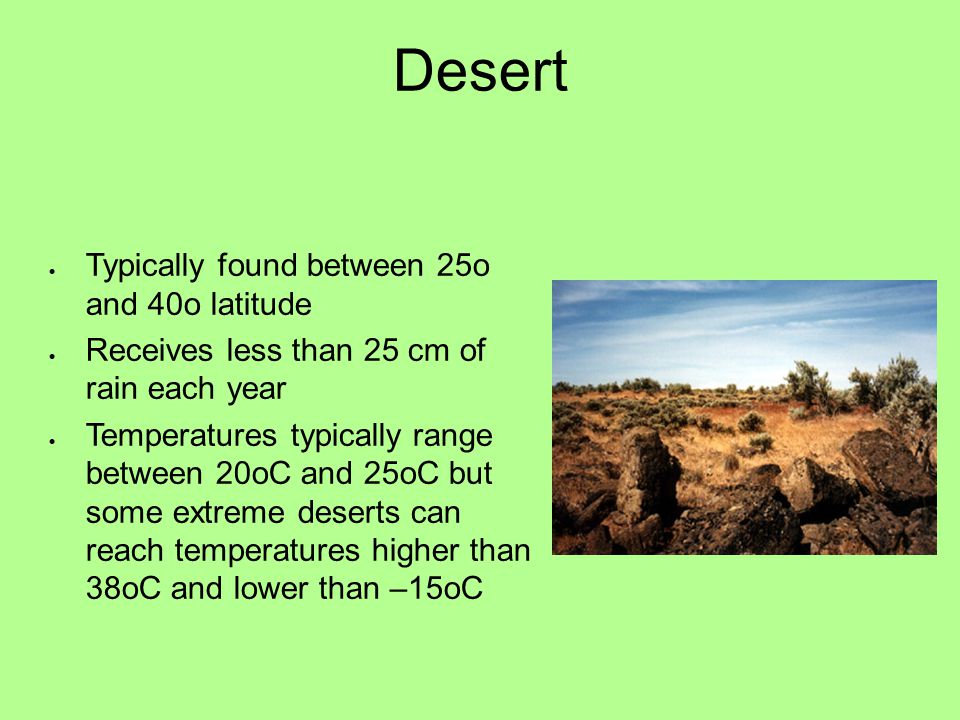 Desert Typically found between 25o and 40o latitude