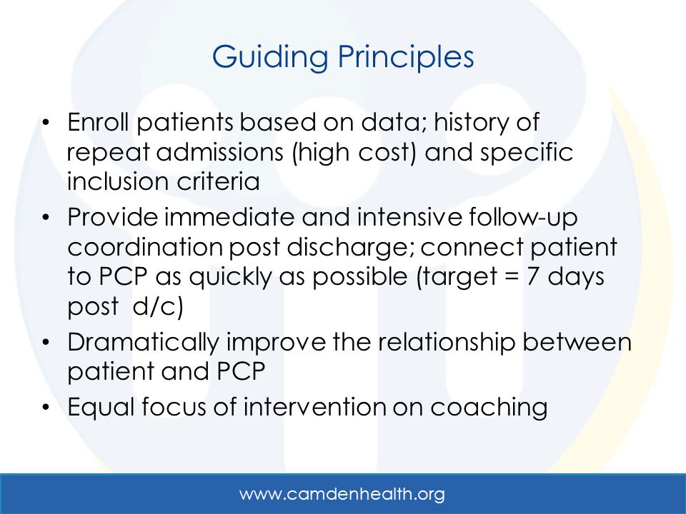 Guiding Principles Enroll patients based on data; history of repeat admissions (high cost) and specific inclusion criteria.