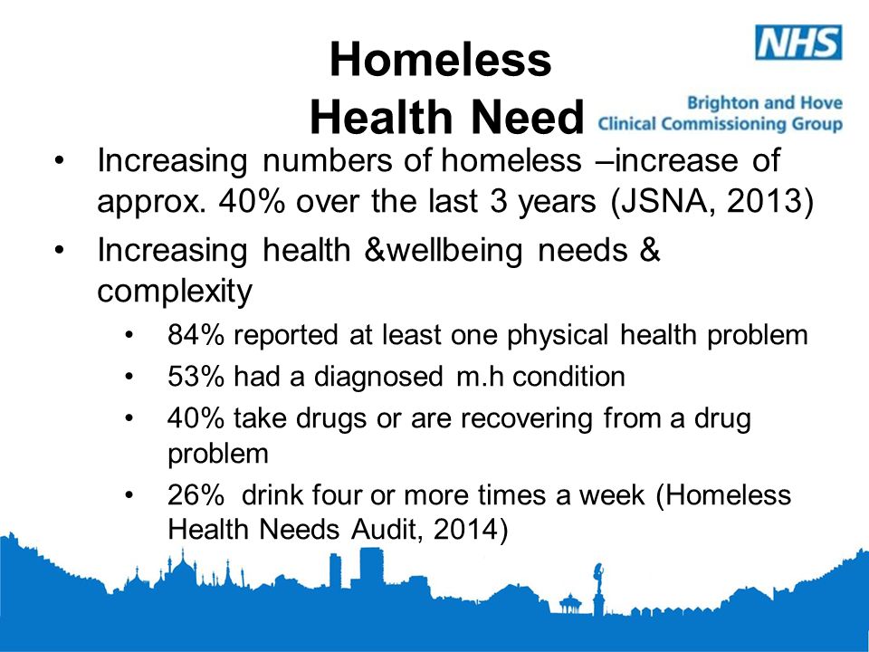 Homeless Health Need Increasing numbers of homeless –increase of approx. 40% over the last 3 years (JSNA, 2013)
