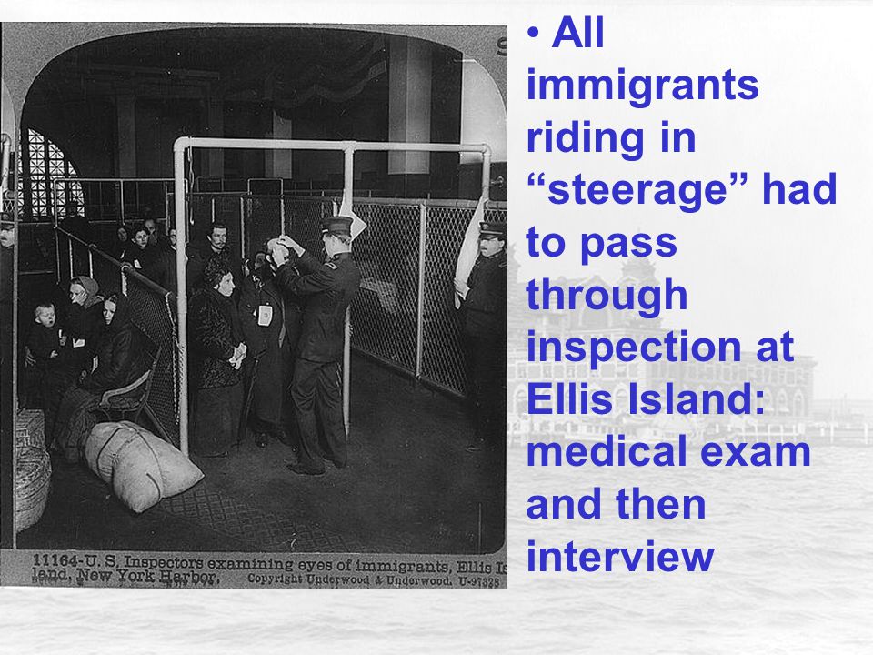 All immigrants riding in steerage had to pass through inspection at Ellis Island: medical exam and then interview