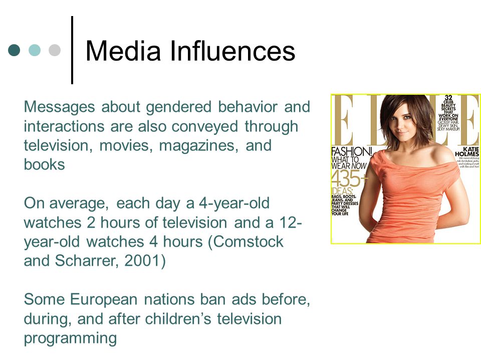 Media Influences Messages about gendered behavior and interactions are also conveyed through television, movies, magazines, and books.