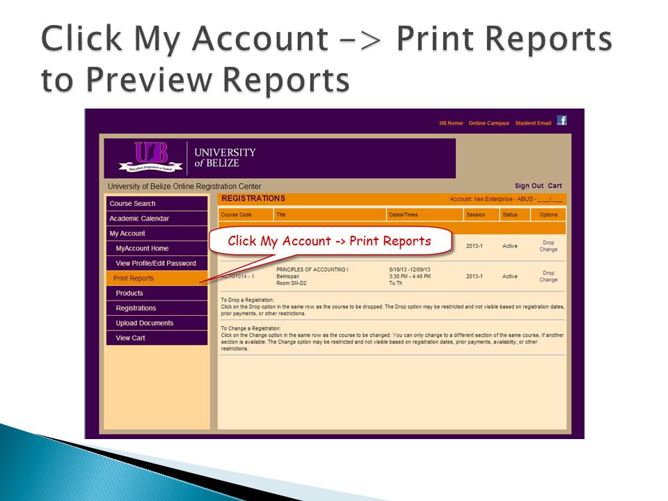 Click My Account -> Print Reports to Preview Reports