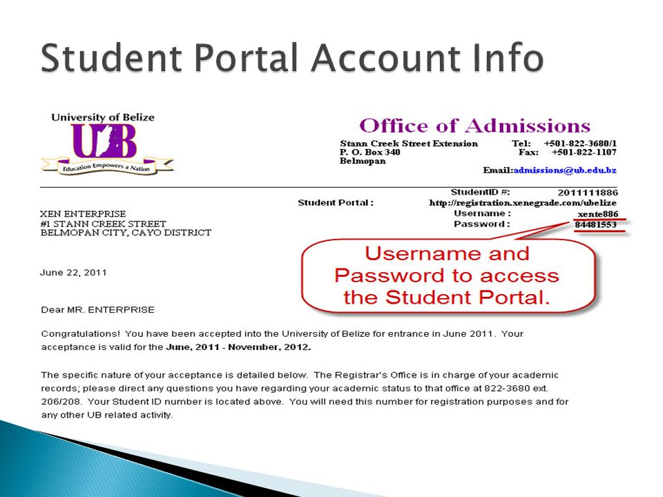 Student Portal Account Info