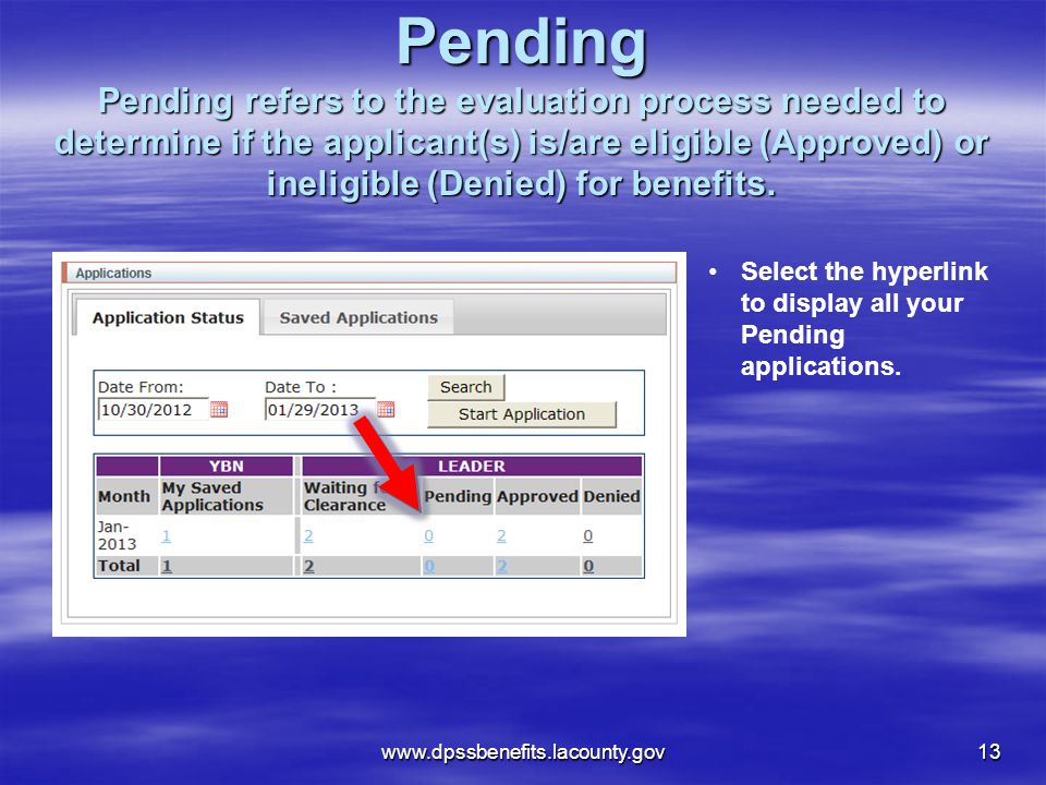 Pending Pending refers to the evaluation process needed to determine if the applicant(s) is/are eligible (Approved) or ineligible (Denied) for benefits.