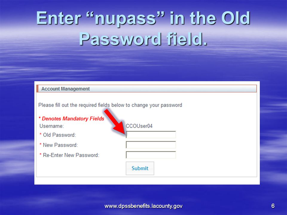 Enter nupass in the Old Password field.